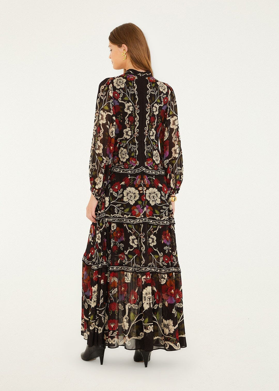 Rococo Flowers Black Ruffled Maxi Dress