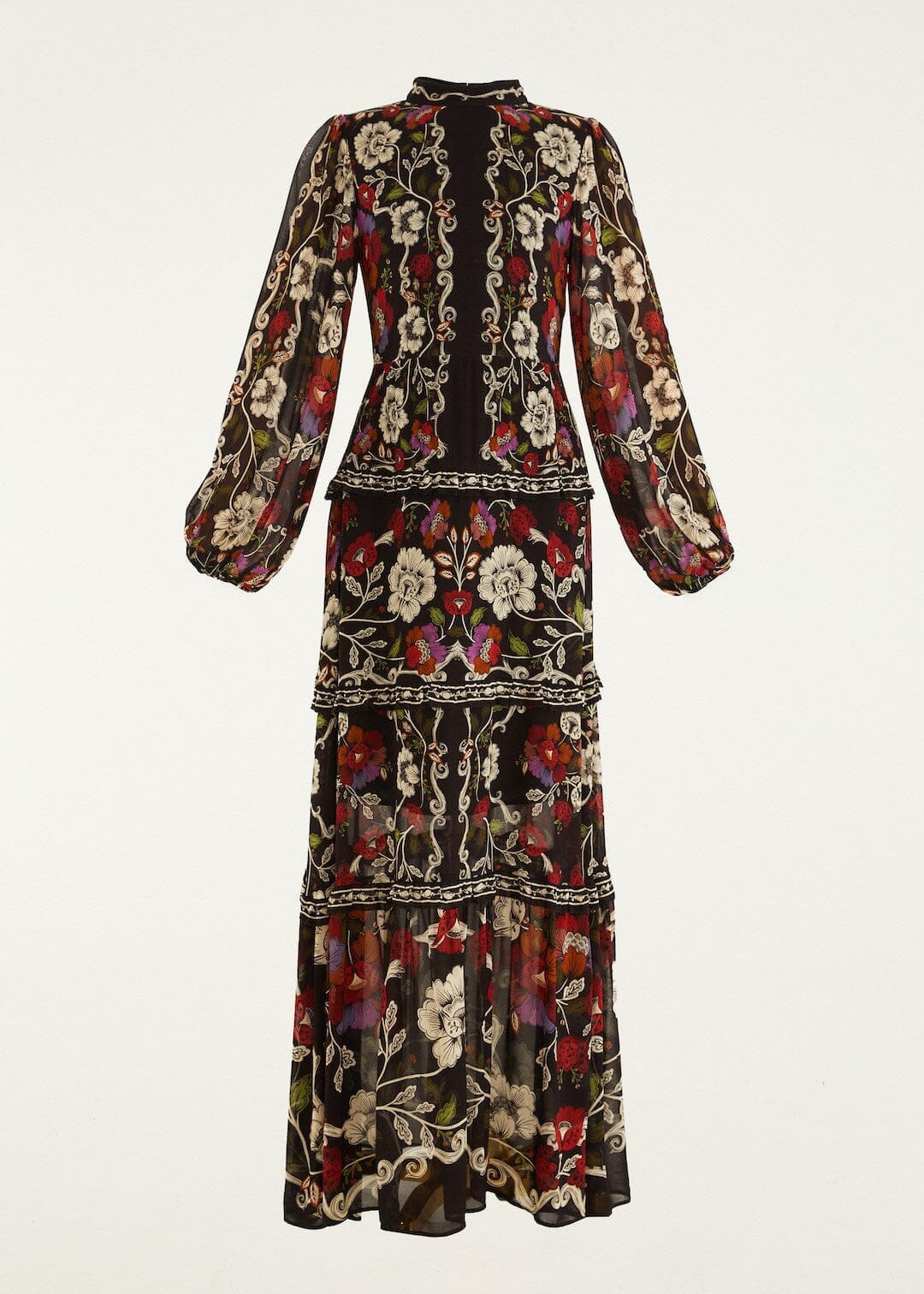 Rococo Flowers Black Ruffled Maxi Dress