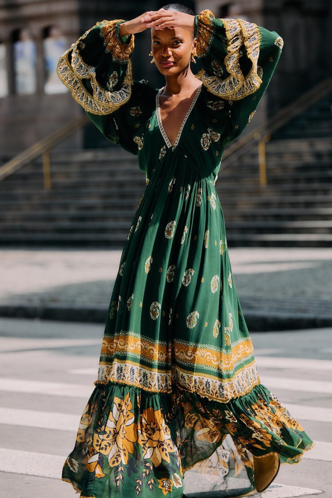 Ayla Green Long Sleeve Ruffled Maxi Dress