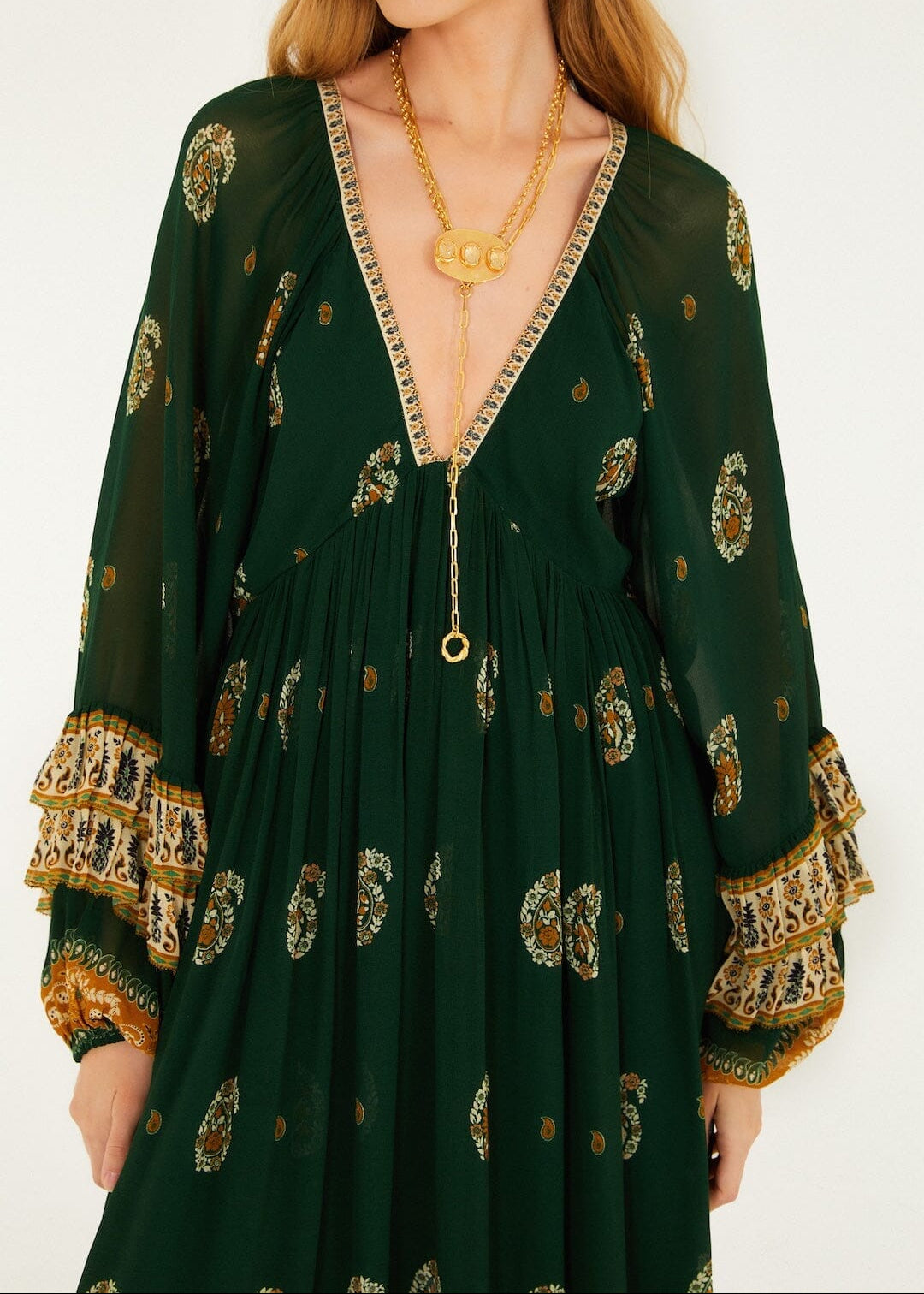 Ayla Green Long Sleeve Ruffled Maxi Dress