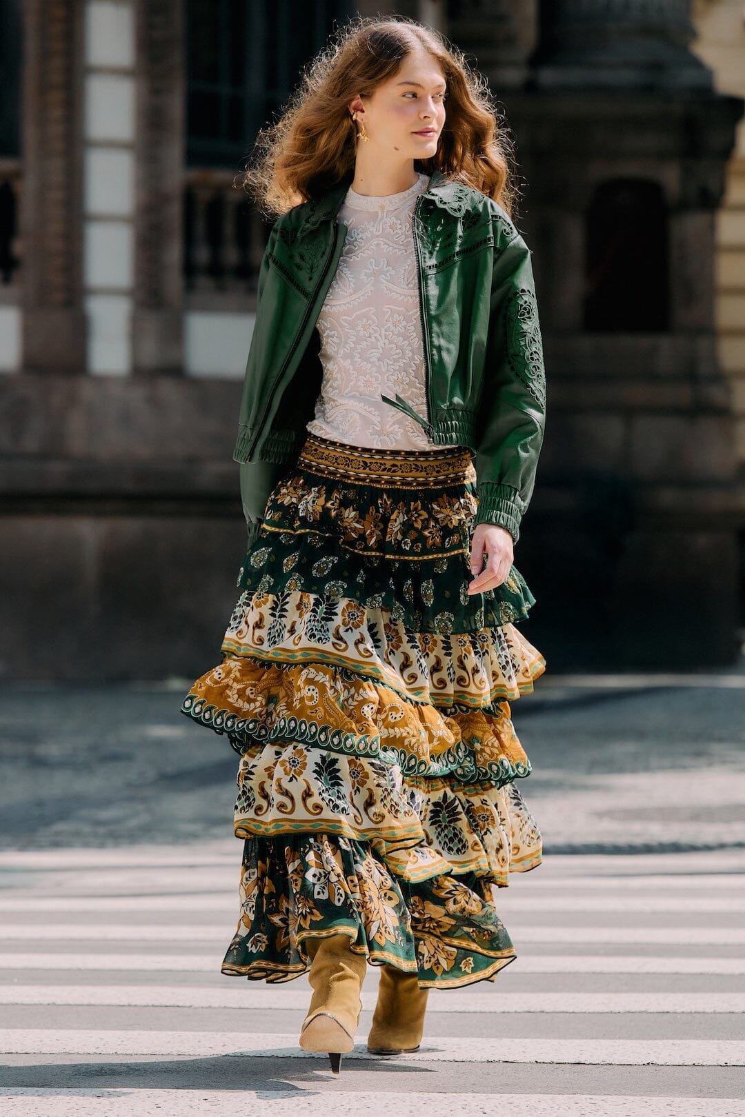 Ayla Green Mixed Scarves Layered Maxi Skirt