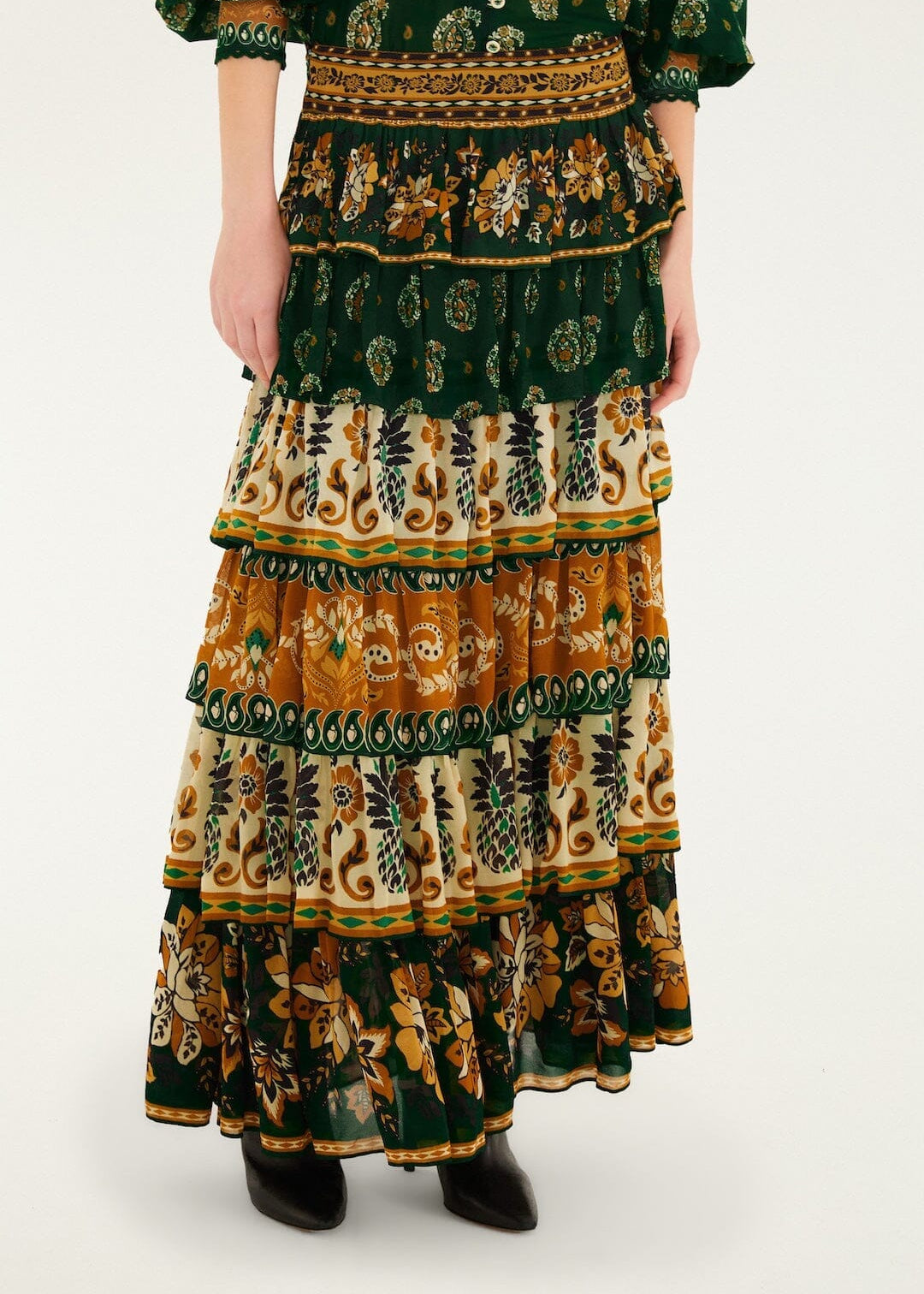 Ayla Green Mixed Scarves Layered Maxi Skirt