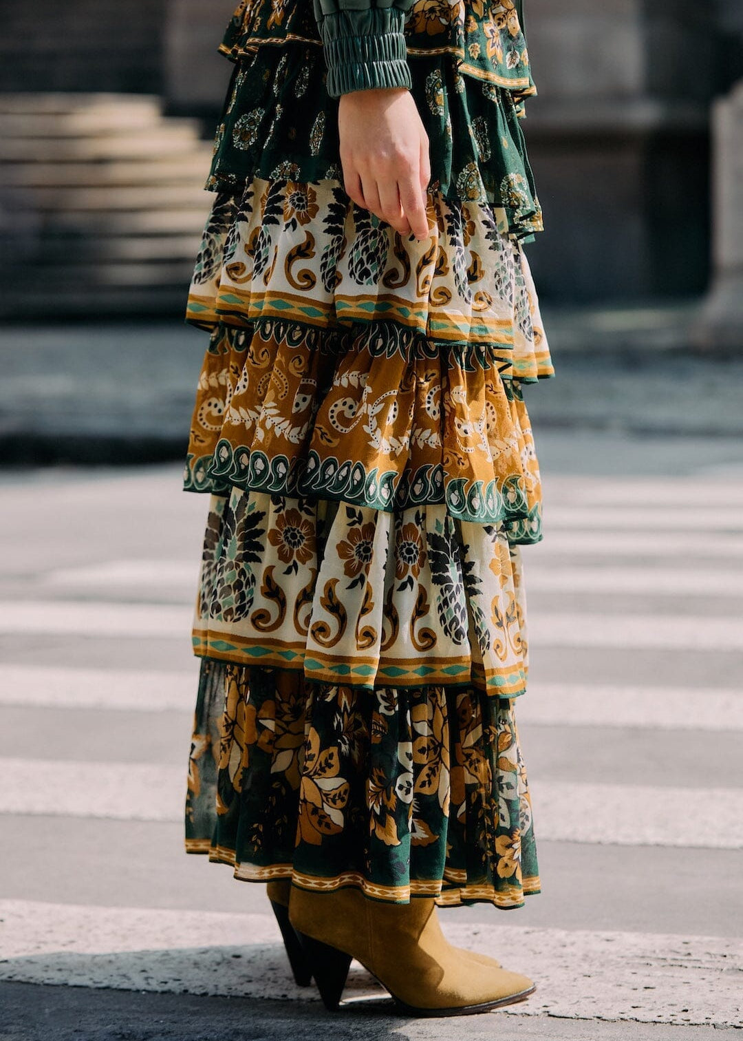 Ayla Green Mixed Scarves Layered Maxi Skirt