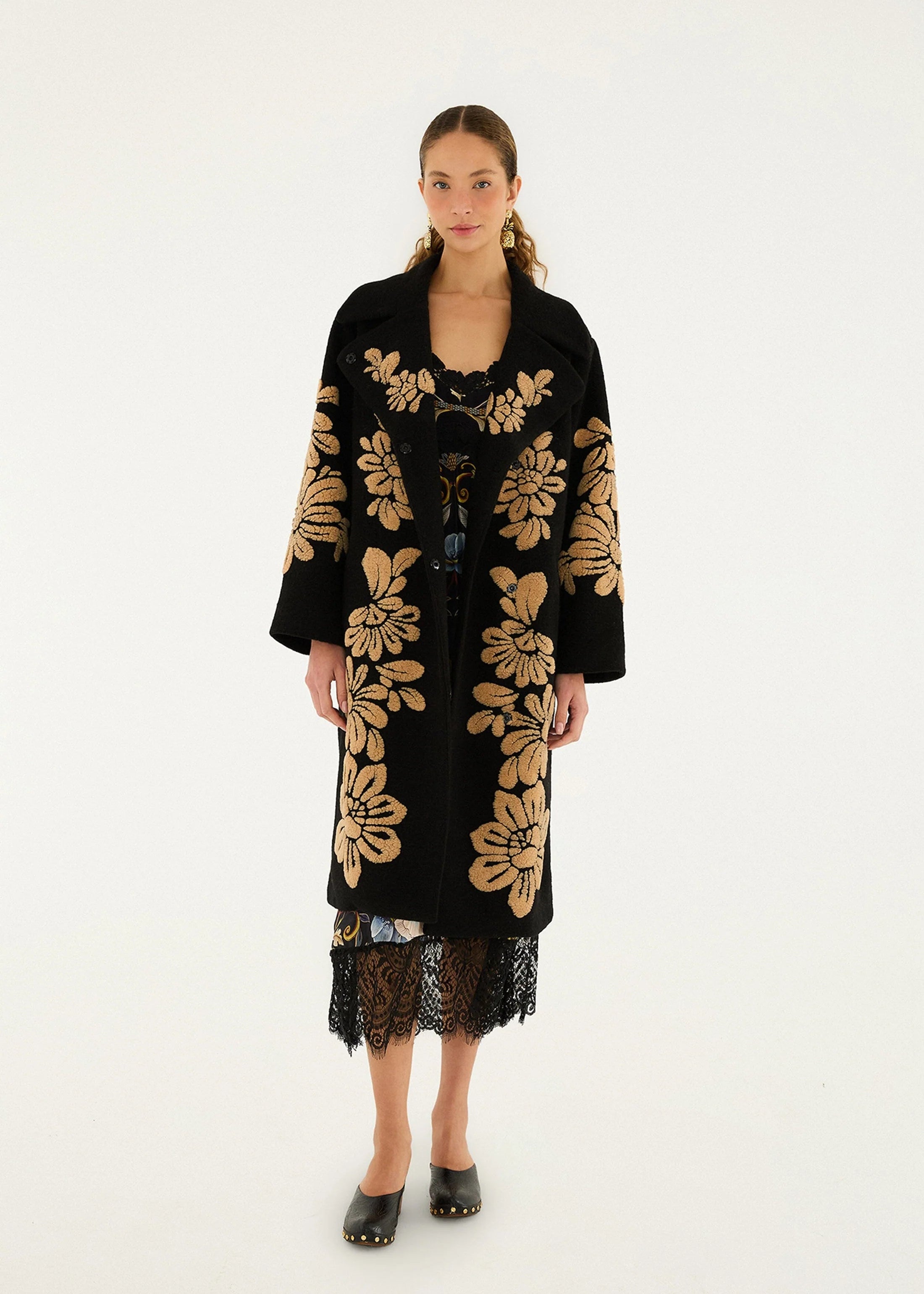 Bold Flowers Black Fleece Coat