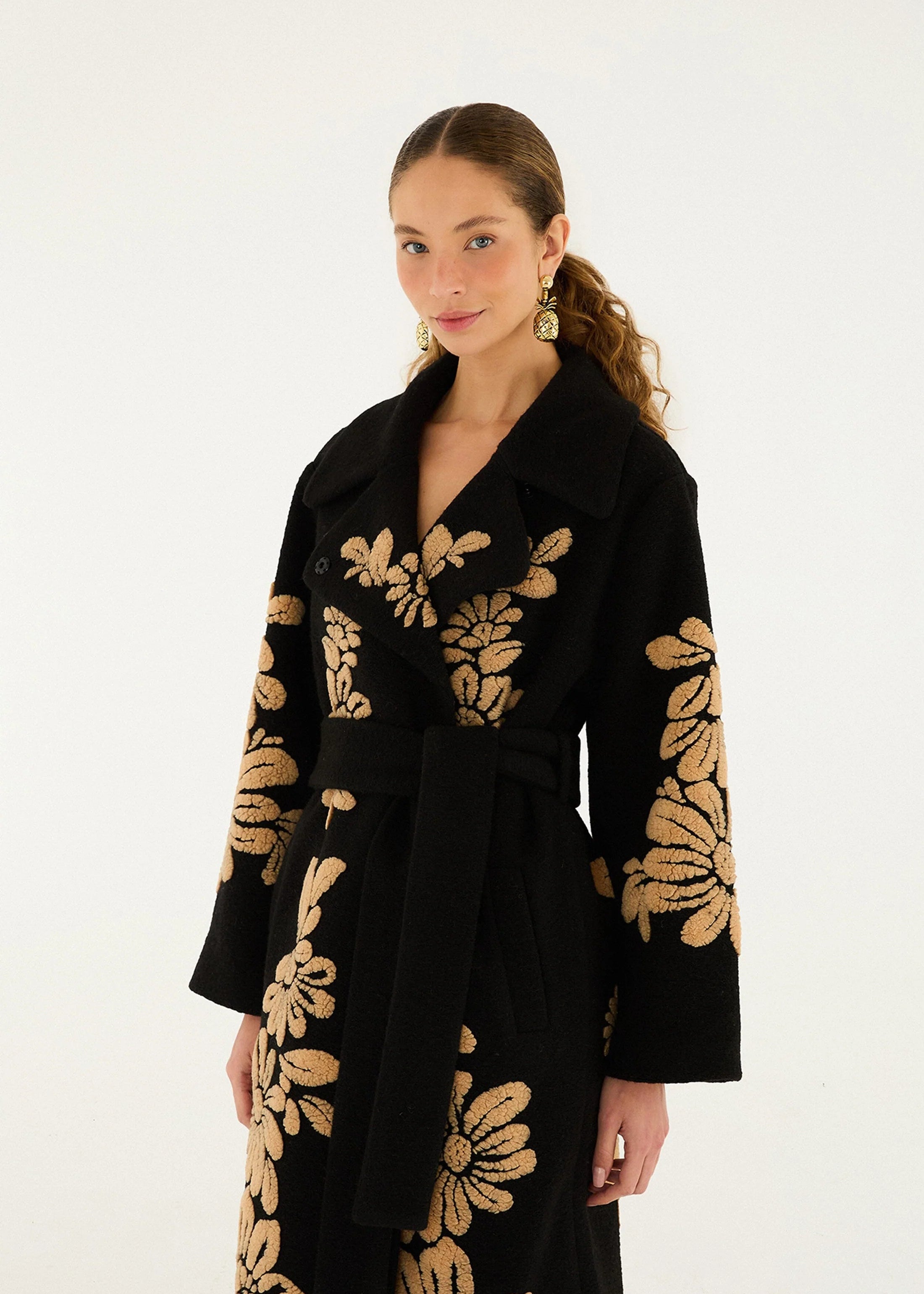 Bold Flowers Black Fleece Coat
