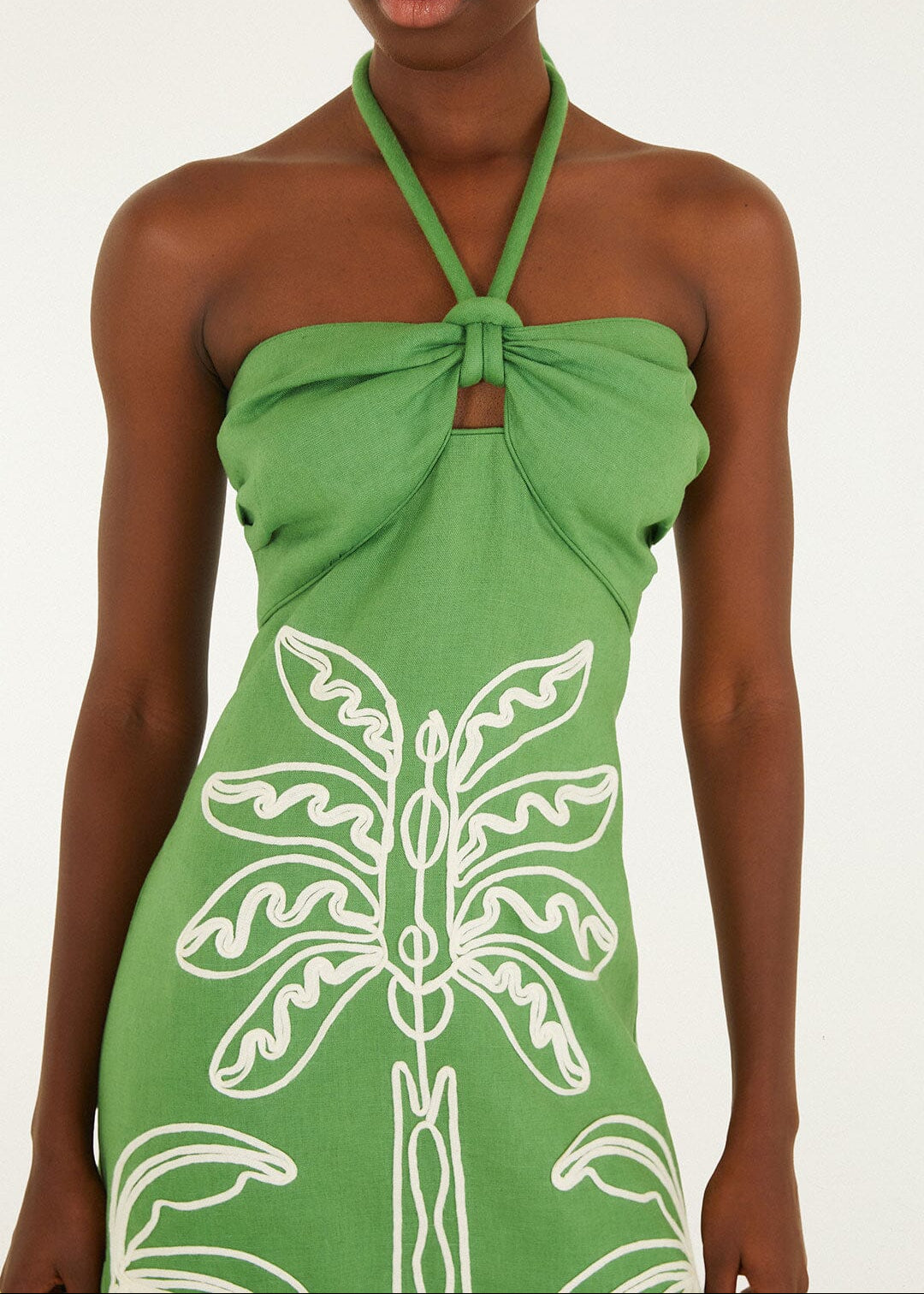 Green Palm Tree Embroidery Sleeveless Midi Dress