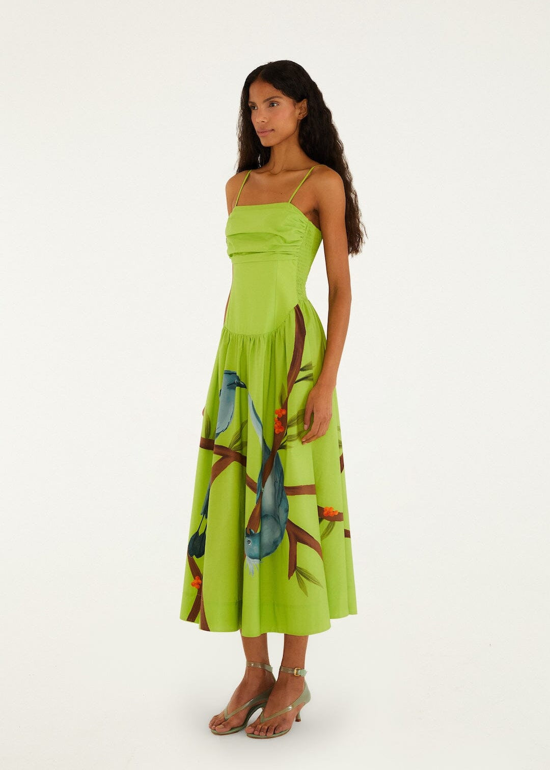 Green Birds Smocked Maxi Dress