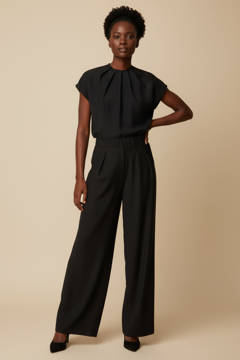Woman wearing a black top and black pants against a white background