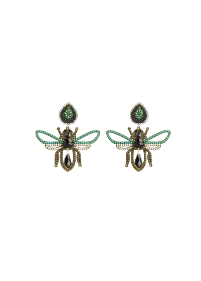 Pair of bee-shaped earrings with green and gold details on a white background