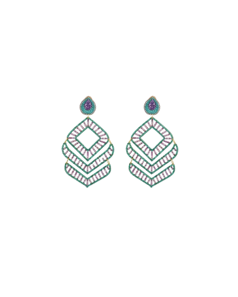Pair of decorative earrings with geometric design on a white background