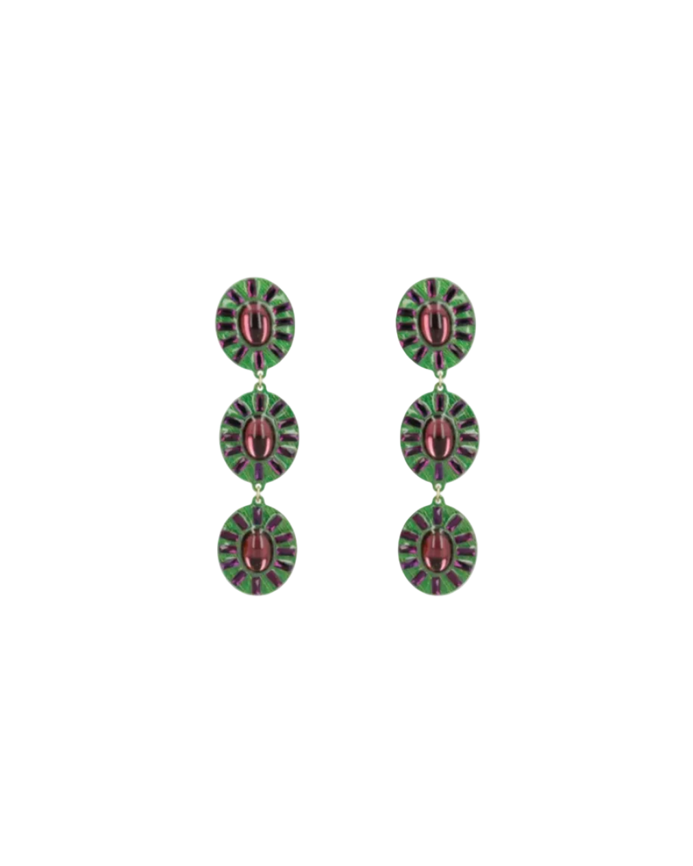 Pair of green and purple earrings with red gemstones on a white background