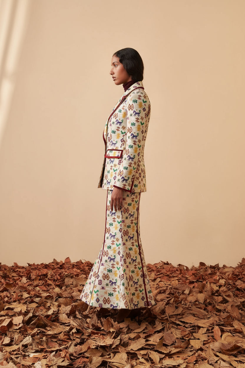 Woman in a patterned outfit standing on a bed of leaves against a beige background