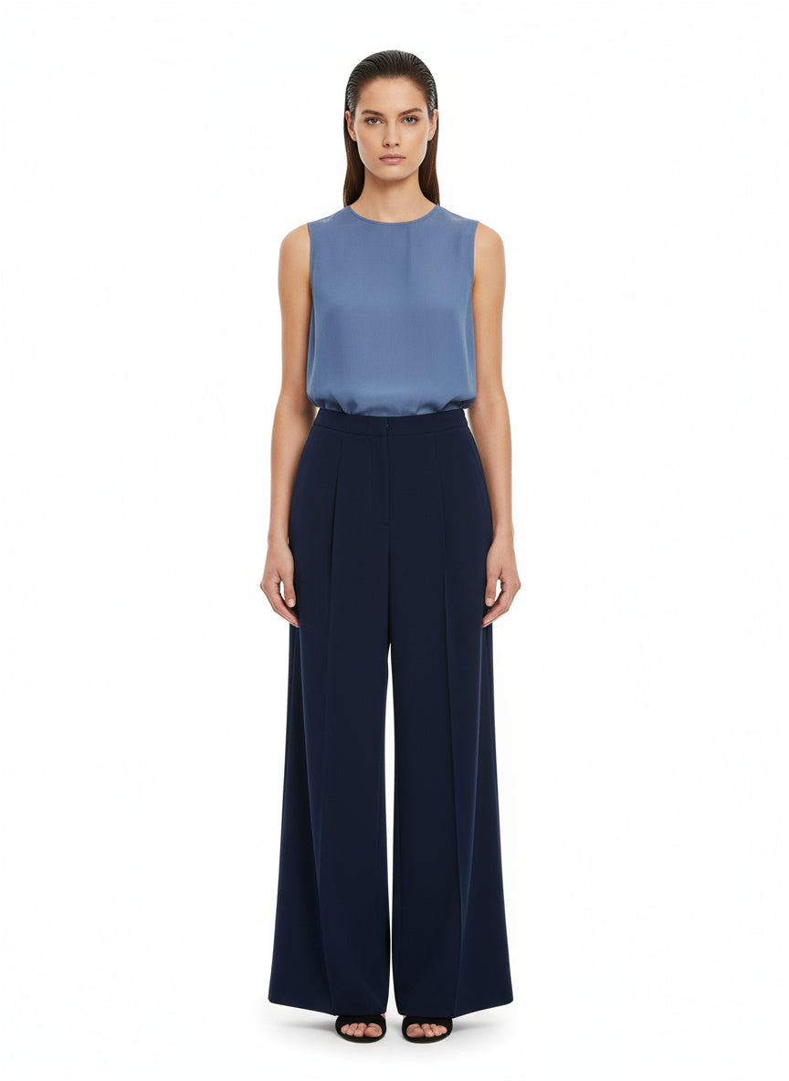 A pair of navy blue trousers with a high waist and wide legs.