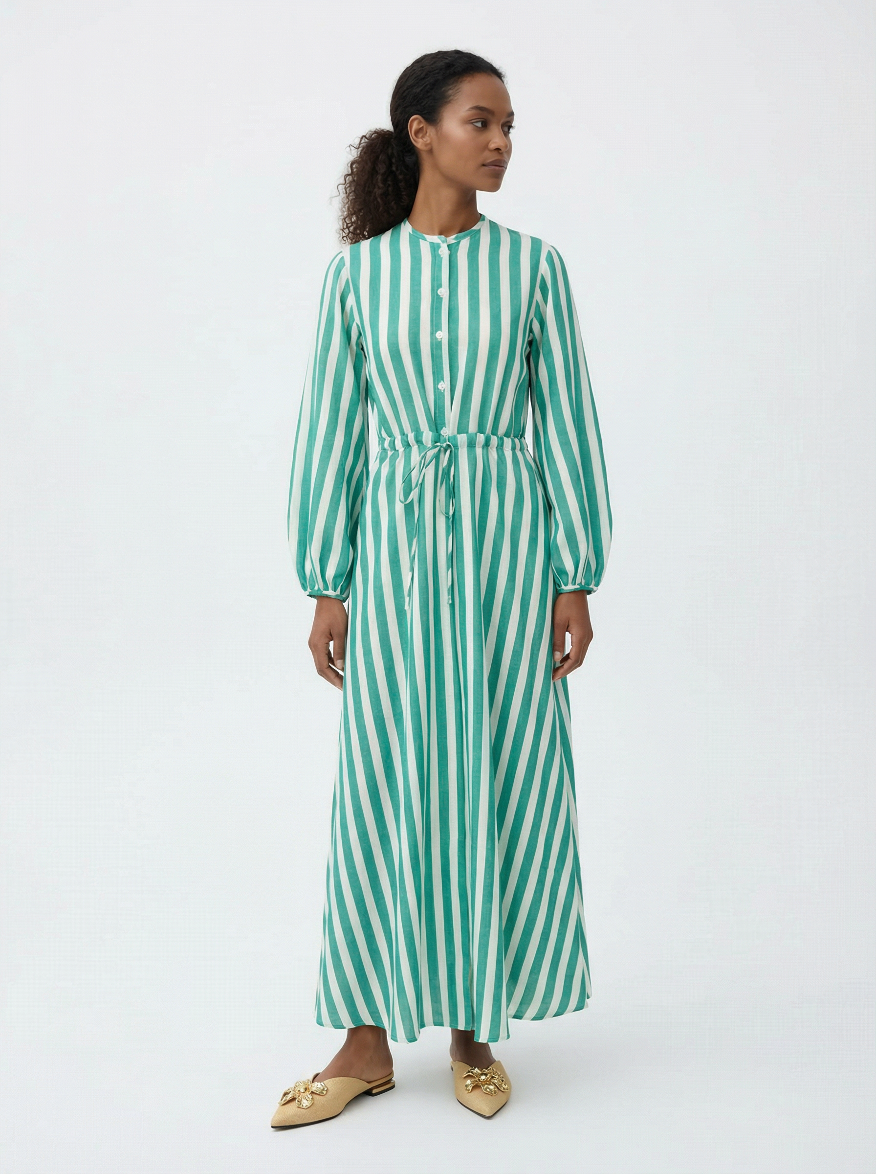 Clover Linen Stripes Green Dress