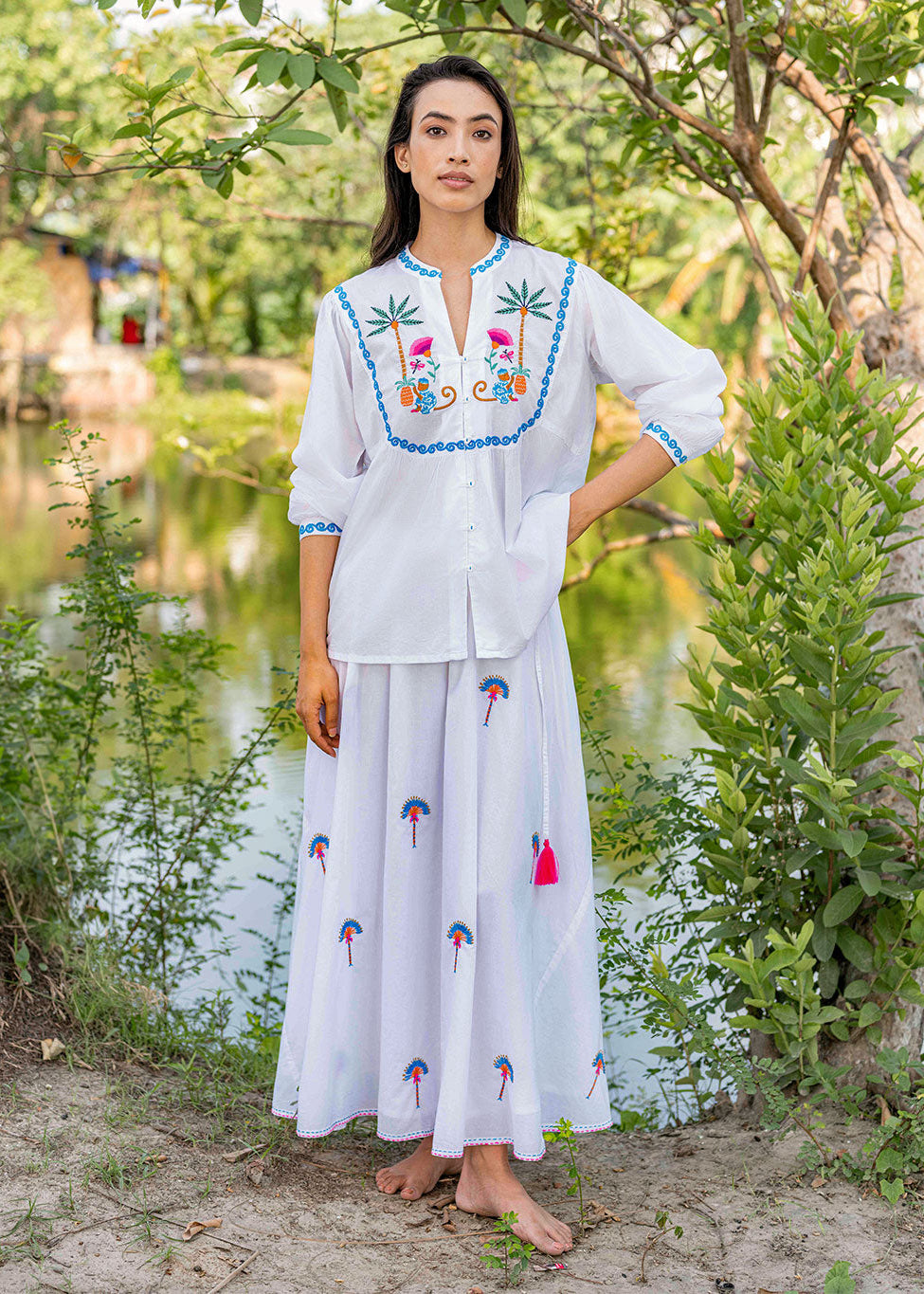 Catnep White Monkey Embroidery Blouse