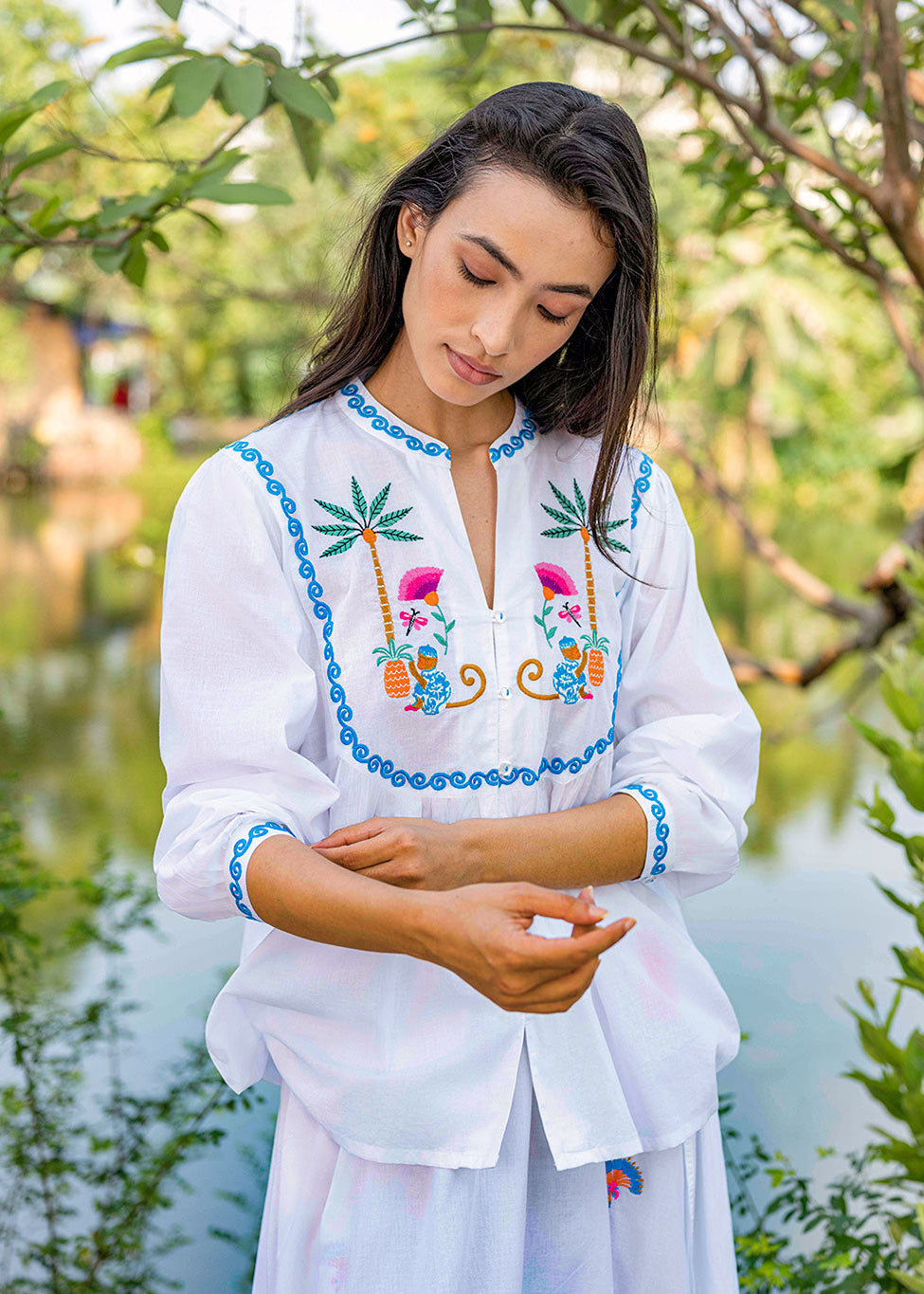 Catnep White Monkey Embroidery Blouse