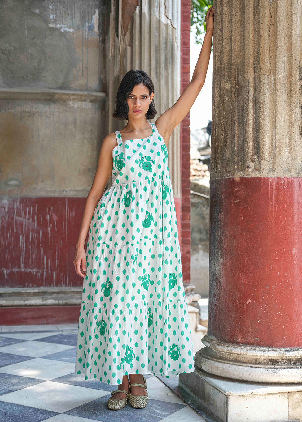 Cornflower Emerald Dots Bird Embroidery Dress