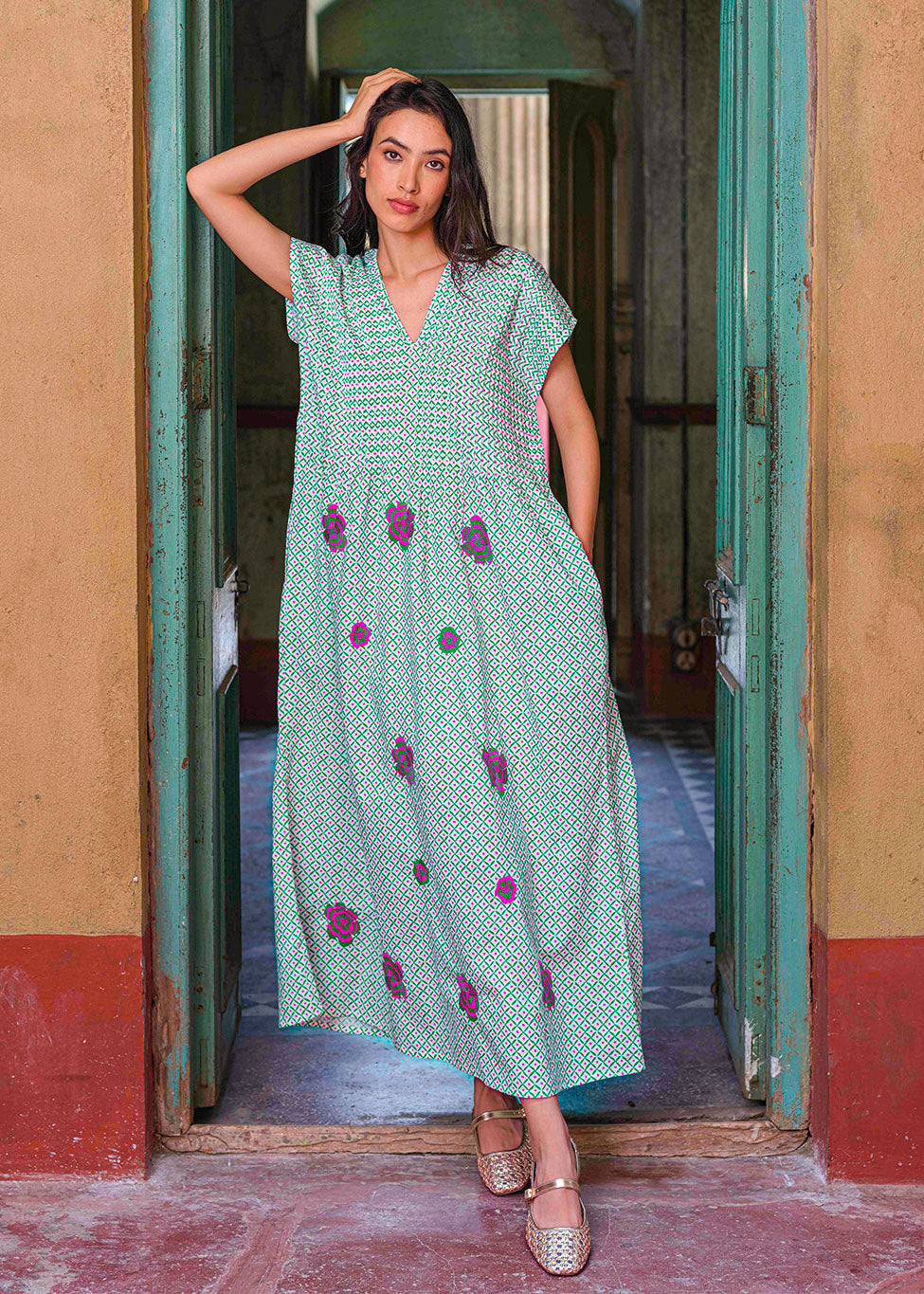 Sea Cale Dotty Emerald Peony Embroidery Dress