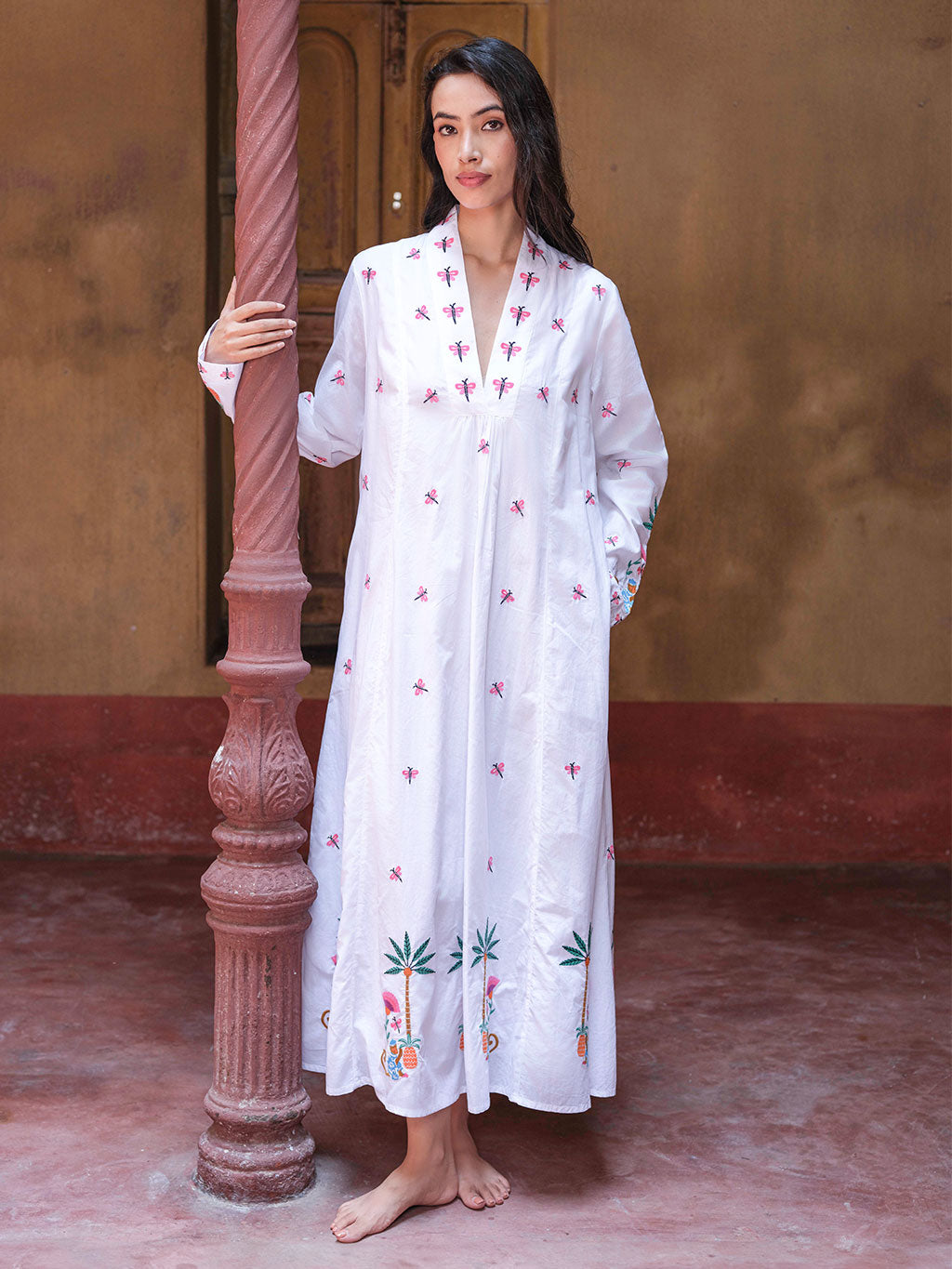 Blue Opal White/Monkey Embroidery Kaftan