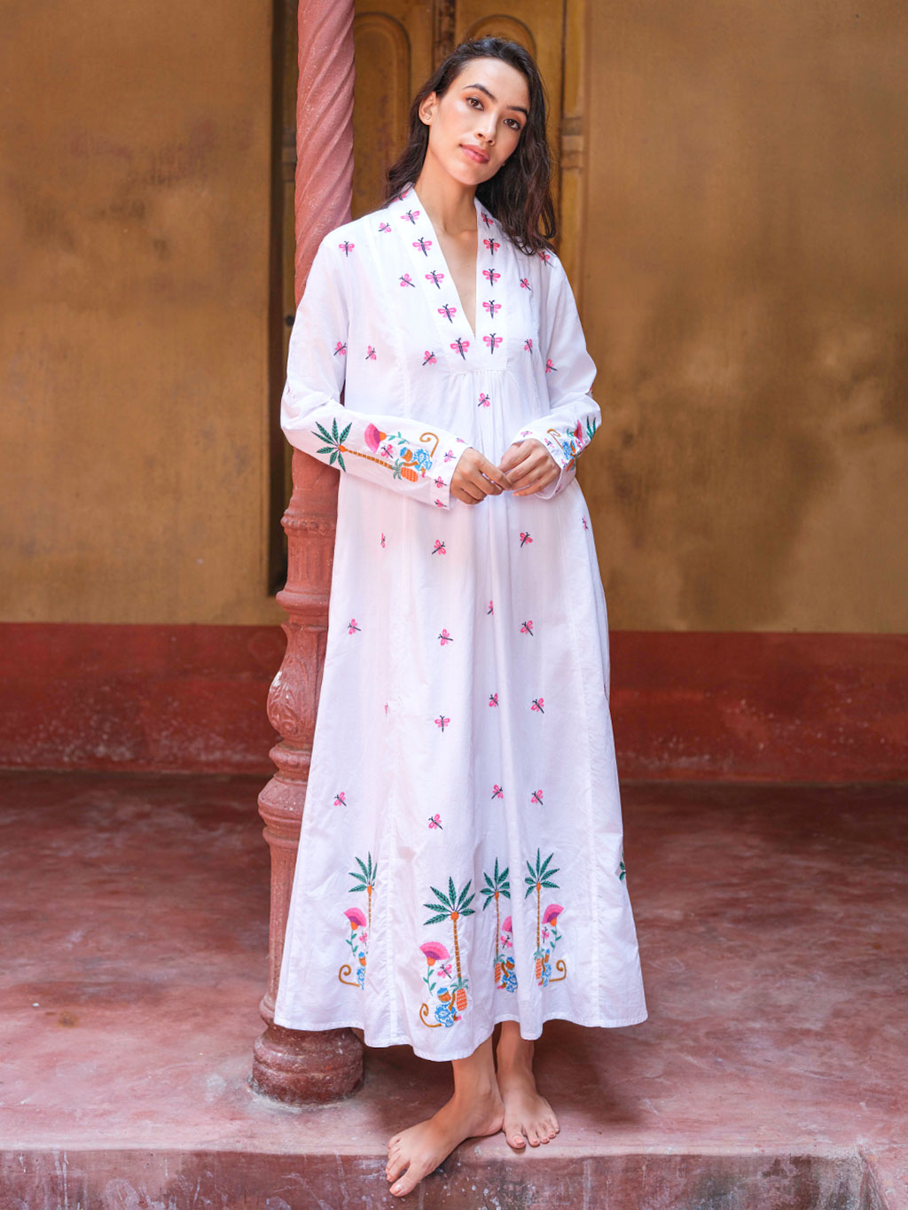 Blue Opal White/Monkey Embroidery Kaftan