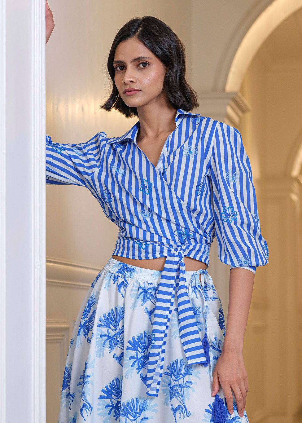 Lovage Stripes Flowers Embroidery Blouse