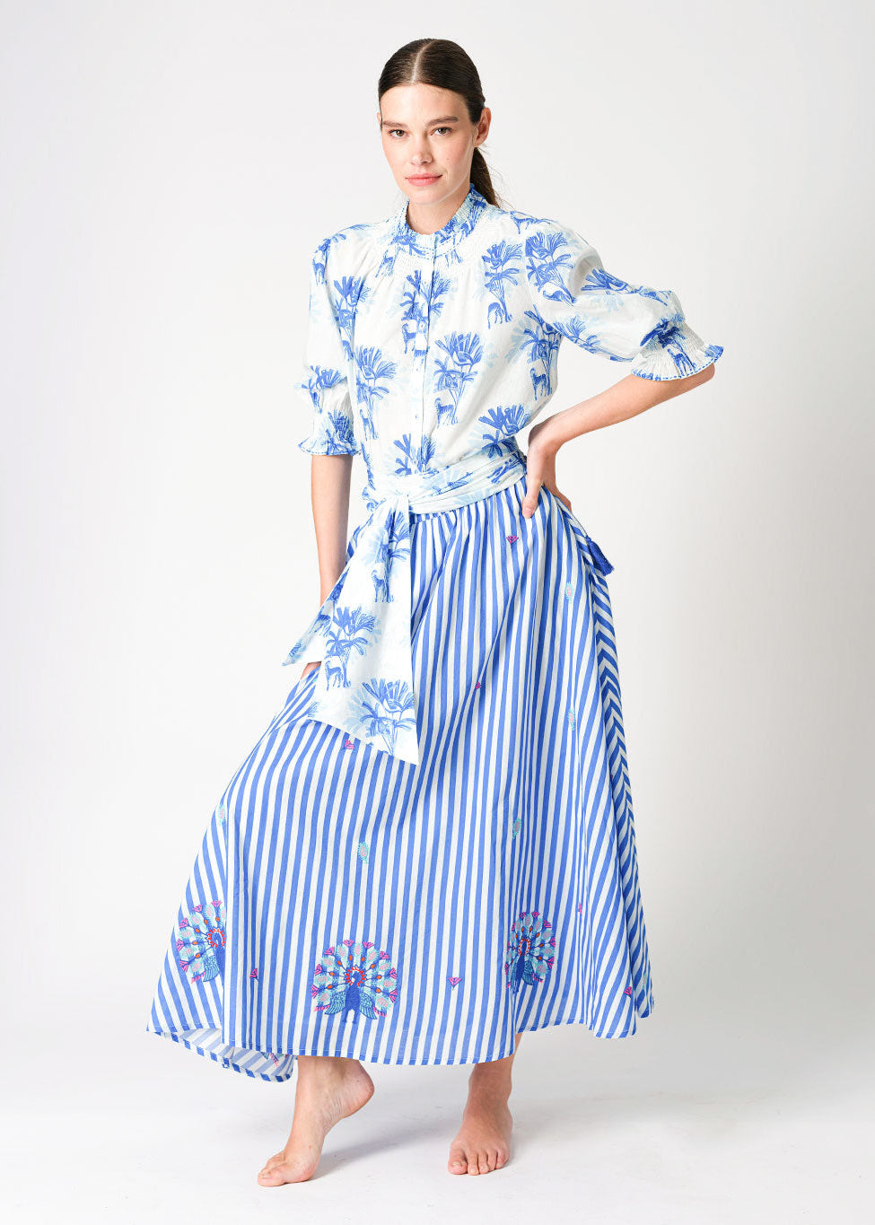 Vanilla Striped Peacock Embroidery Skirt