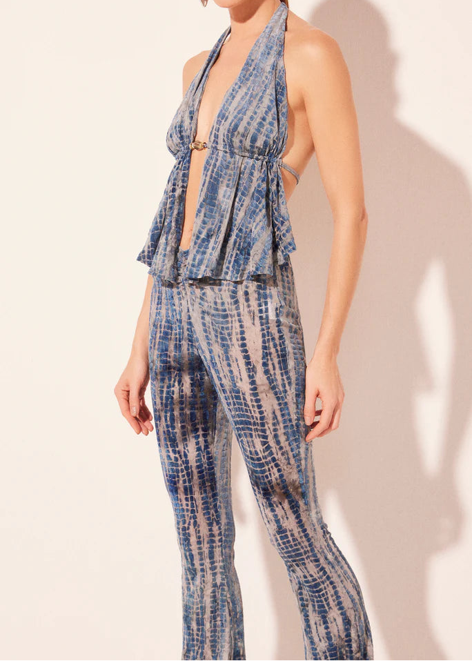 Blue Croco Ruched Flare Pants