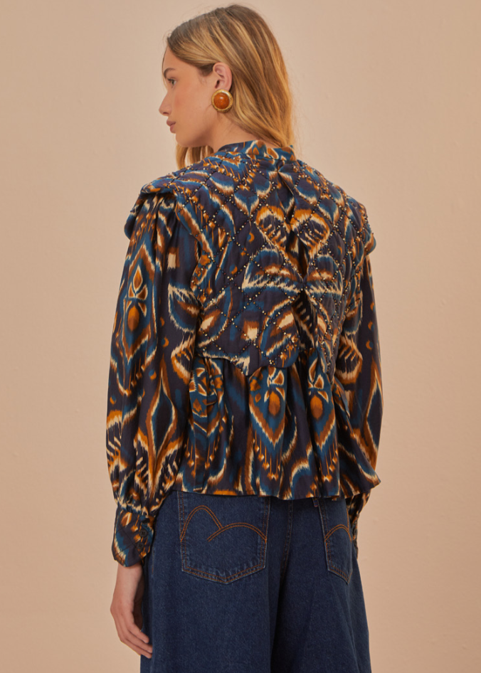 Pineapple Ikat Blue Long Sleeve Matelasse Blouse