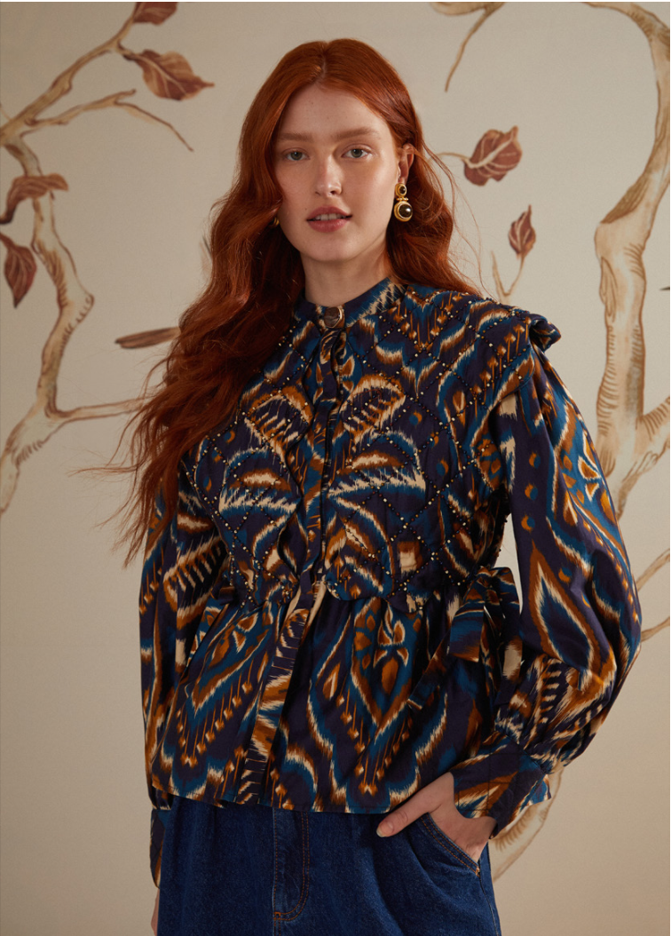 Pineapple Ikat Blue Long Sleeve Matelasse Blouse