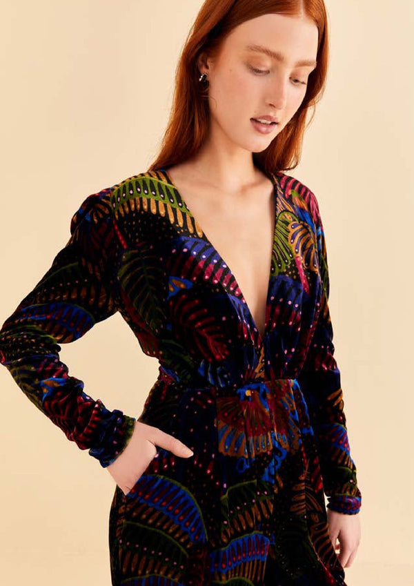 FARM-MIDNIGHT ISLAND BLACK V NECKLINE VELVET JUMPSUIT-JUST BRAZIL