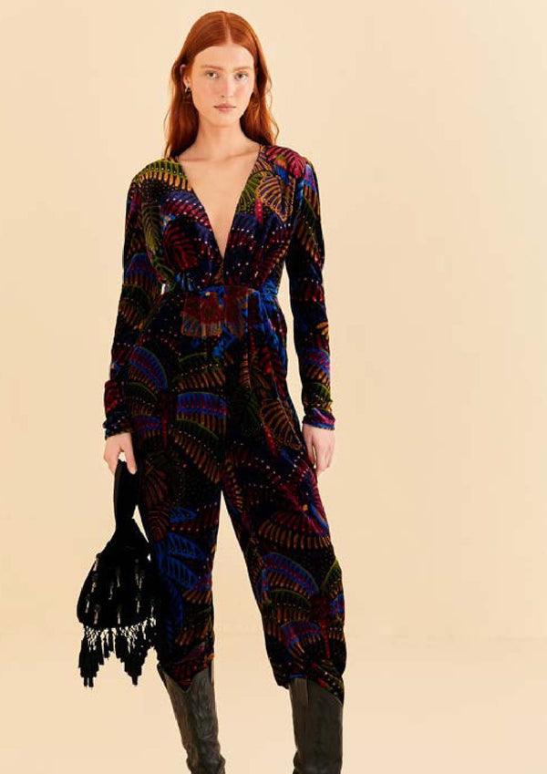 FARM-MIDNIGHT ISLAND BLACK V NECKLINE VELVET JUMPSUIT-JUST BRAZIL