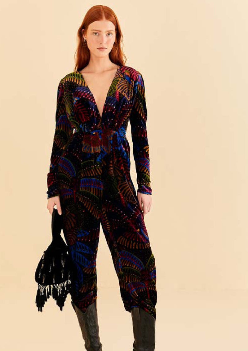 FARM-MIDNIGHT ISLAND BLACK V NECKLINE VELVET JUMPSUIT-JUST BRAZIL