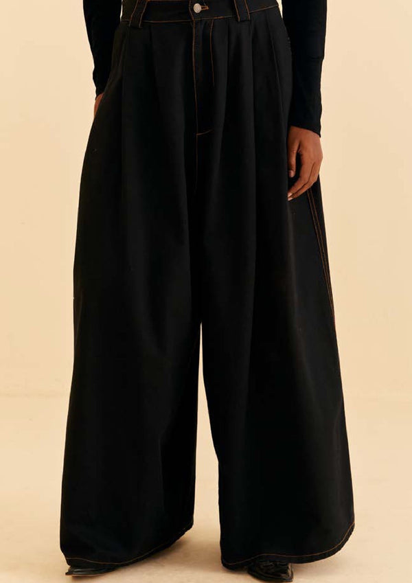 FARM-BLACK CANVAS MAXI PLEATED PANTS-JUST BRAZIL