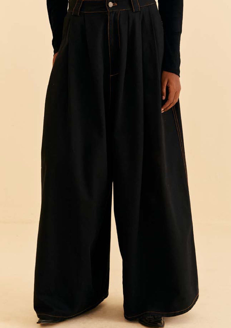 FARM-BLACK CANVAS MAXI PLEATED PANTS-JUST BRAZIL