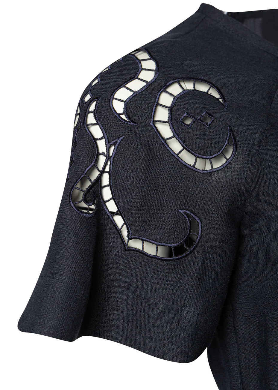 Iphigenia Cut Embroidered Navy Blue Dress