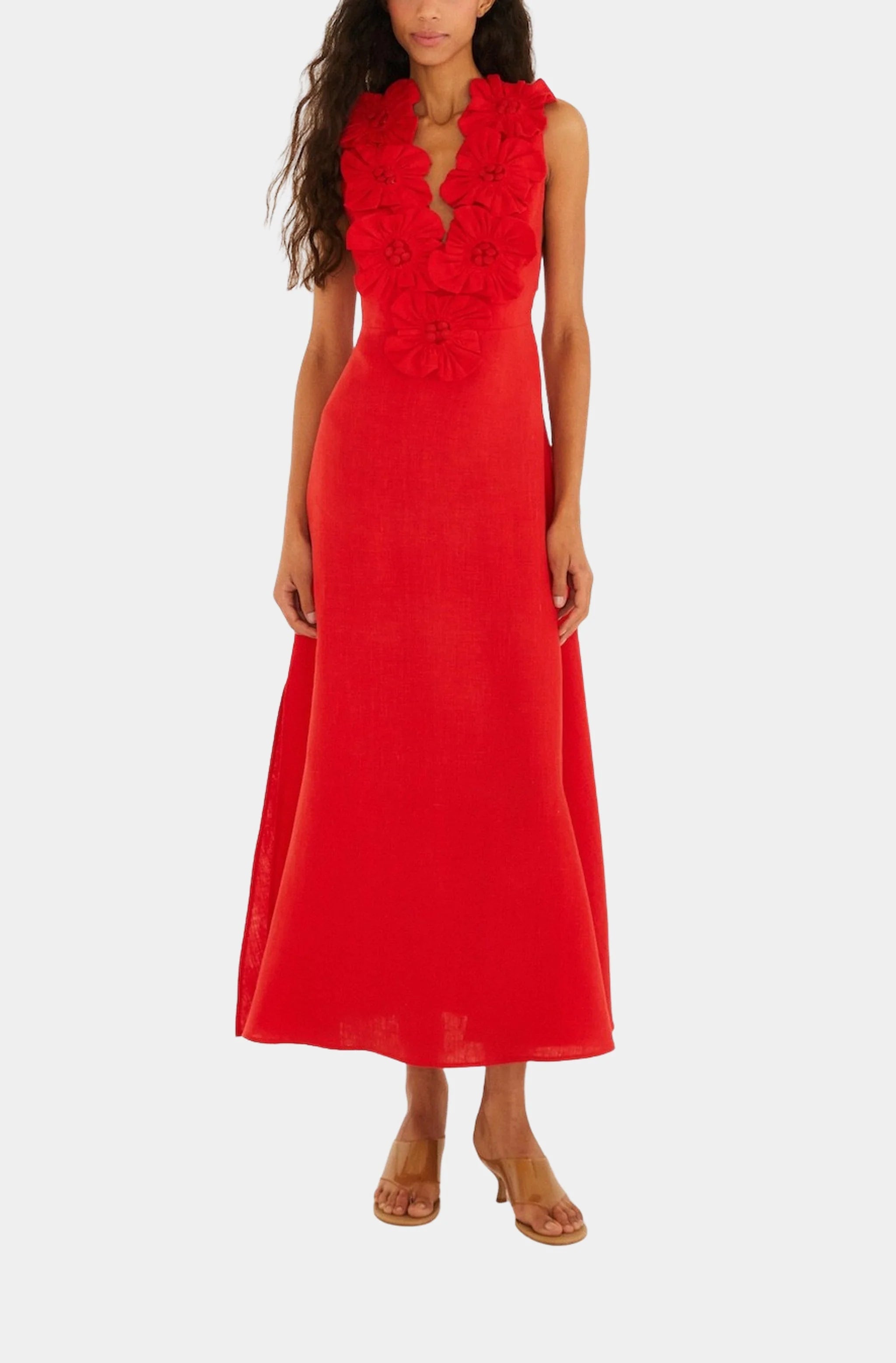 Red Flowers Sleeveless Midi Dress