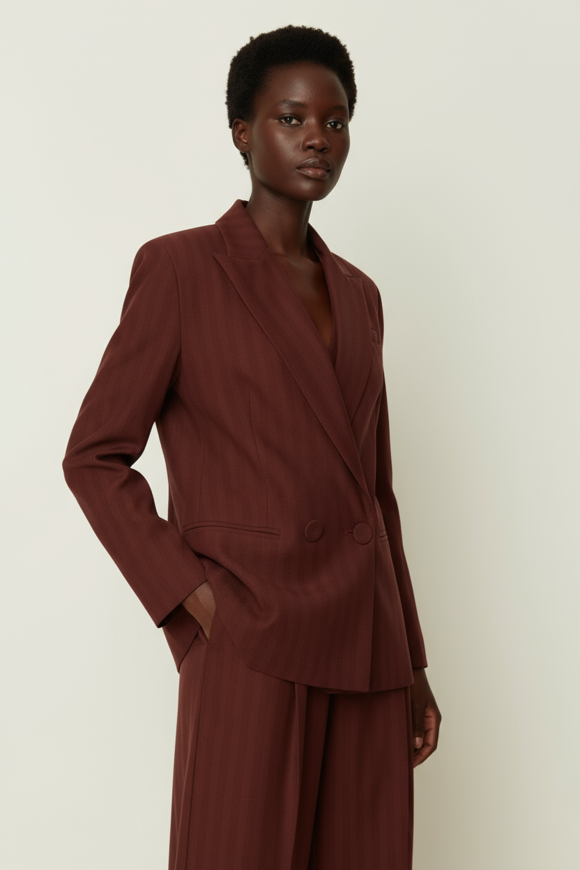 Woman wearing a brown suit against a white background