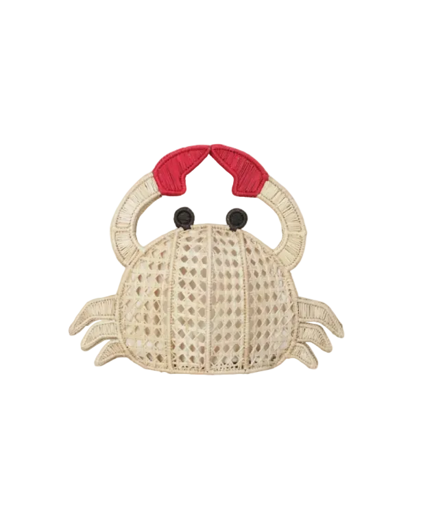 Woven crab-shaped bag with red accents on a white background