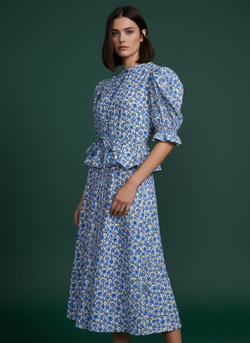 Blue floral dress with puff sleeves