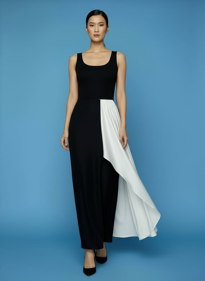 A long black skirt with a silver satin panel on one side