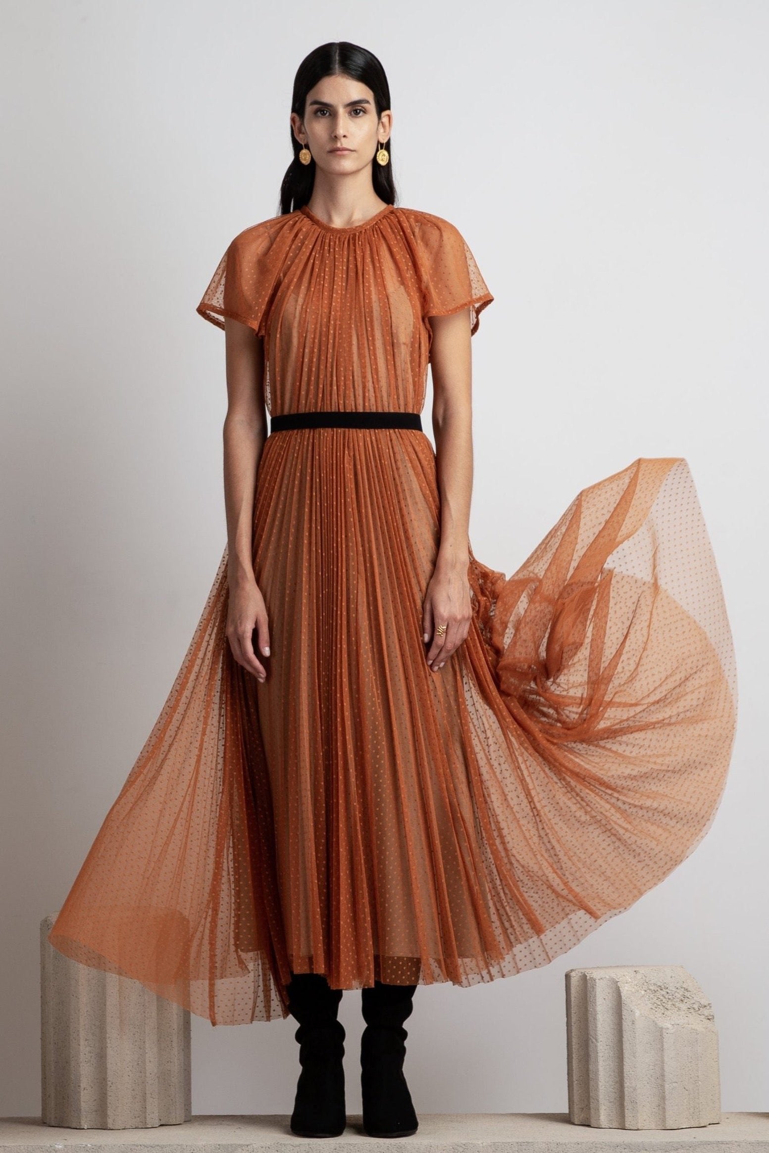ANCIENT KALLOS-MEDA TULLE PLEATED MIDI DRESS-JUSTBRAZIL