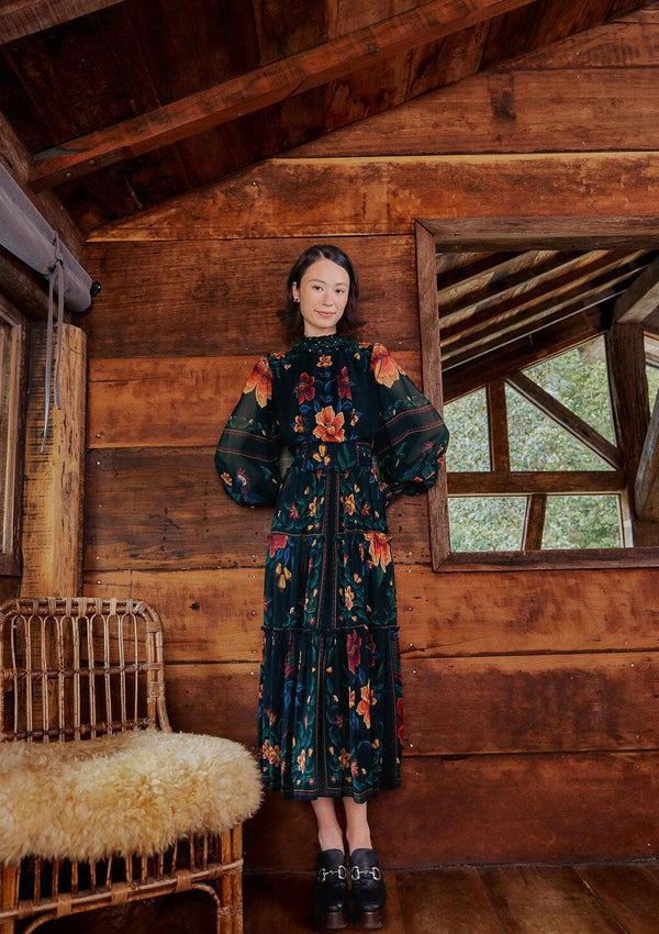 FARM-MACAWS GARDEN BLACK HIGH NECK MIDI DRESS-JUST BRAZIL