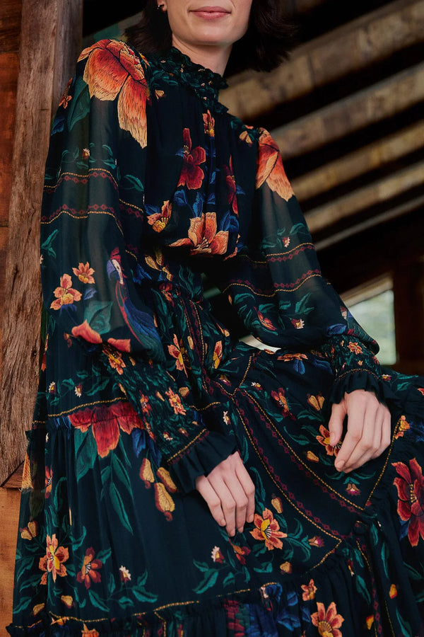 FARM-MACAWS GARDEN BLACK HIGH NECK MIDI DRESS-JUST BRAZIL
