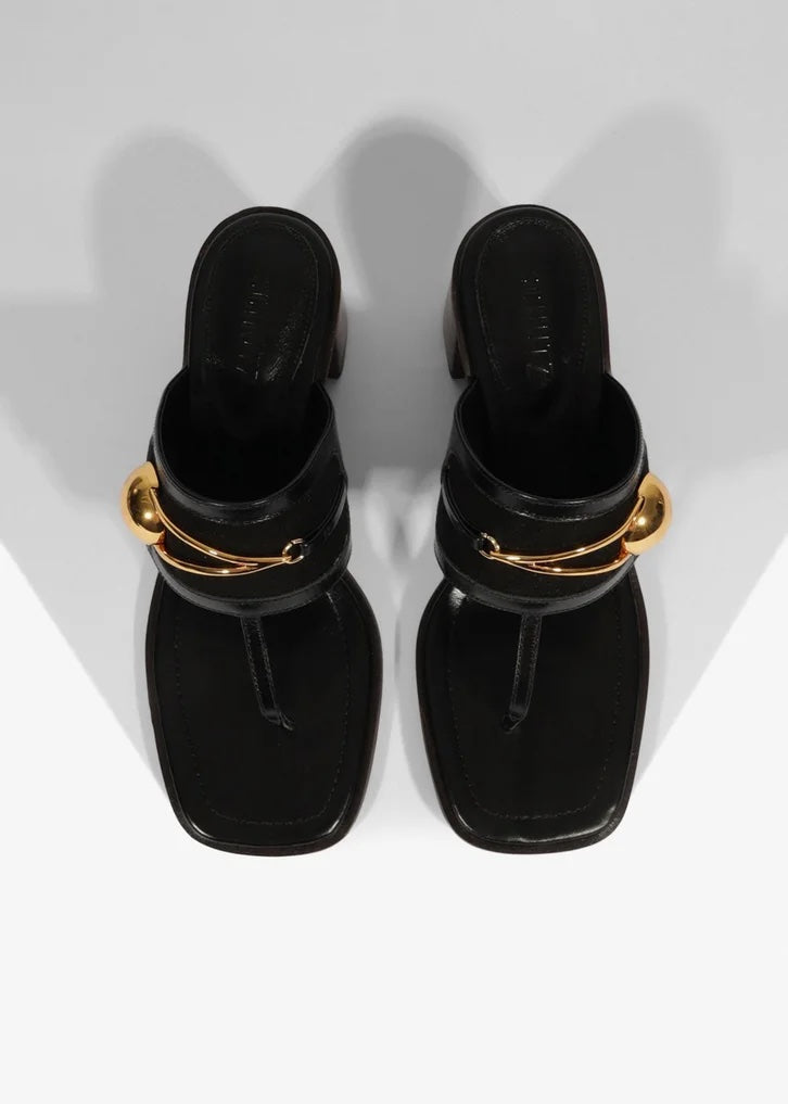 Ornella Glam Black Leather Block Heel Mule Sandal