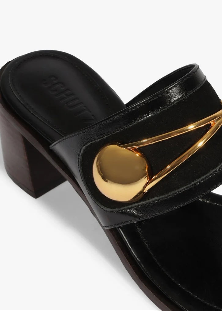 Ornella Glam Black Leather Block Heel Mule Sandal