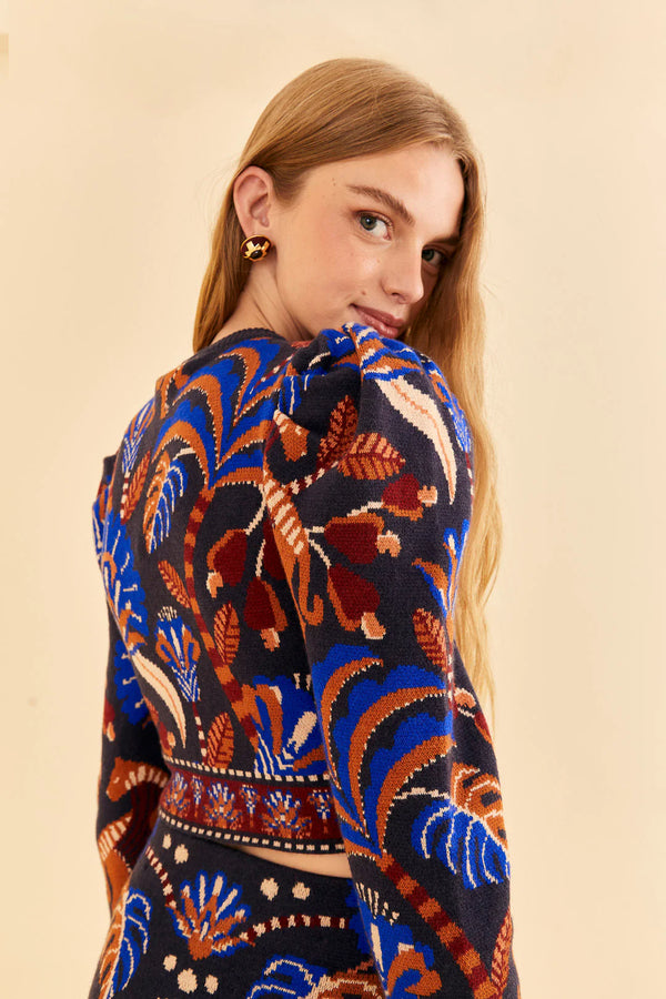 FARM-NATURE BEAUTY BLUE SCARF KNIT LONG SLEEVE CROP TOP-JUST BRAZIL