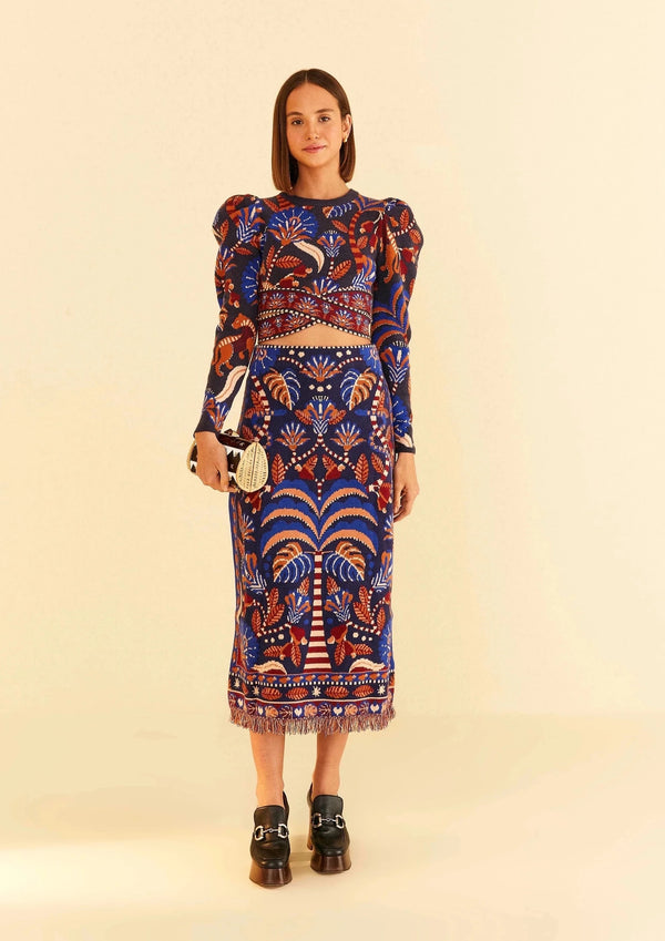 FARM-NATURE BEAUTY BLUE SCARF KNIT MIDI SKIRT-JUST BRAZIL