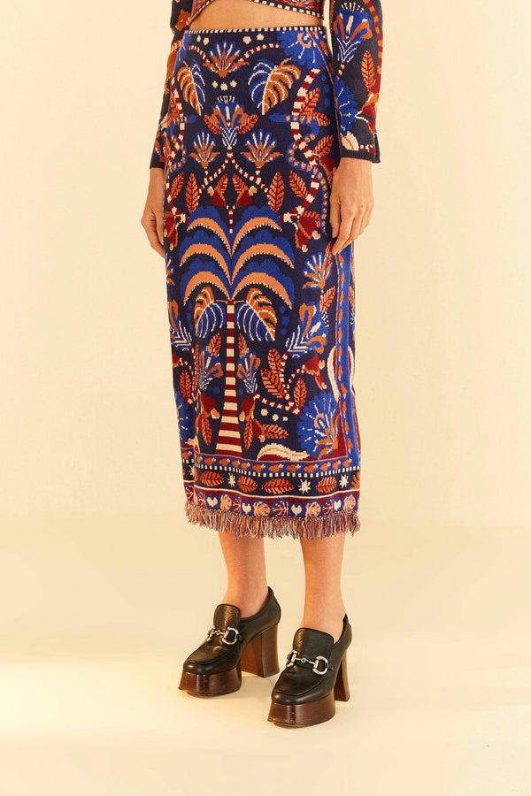 FARM-NATURE BEAUTY BLUE SCARF KNIT MIDI SKIRT-JUST BRAZIL