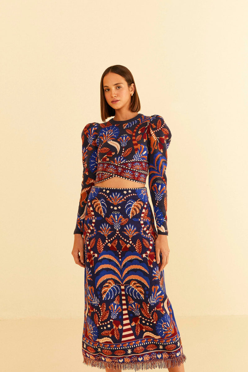 FARM-NATURE BEAUTY BLUE SCARF KNIT MIDI SKIRT-JUST BRAZIL