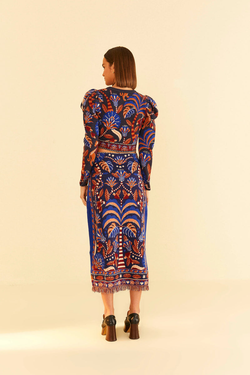 FARM-NATURE BEAUTY BLUE SCARF KNIT MIDI SKIRT-JUST BRAZIL